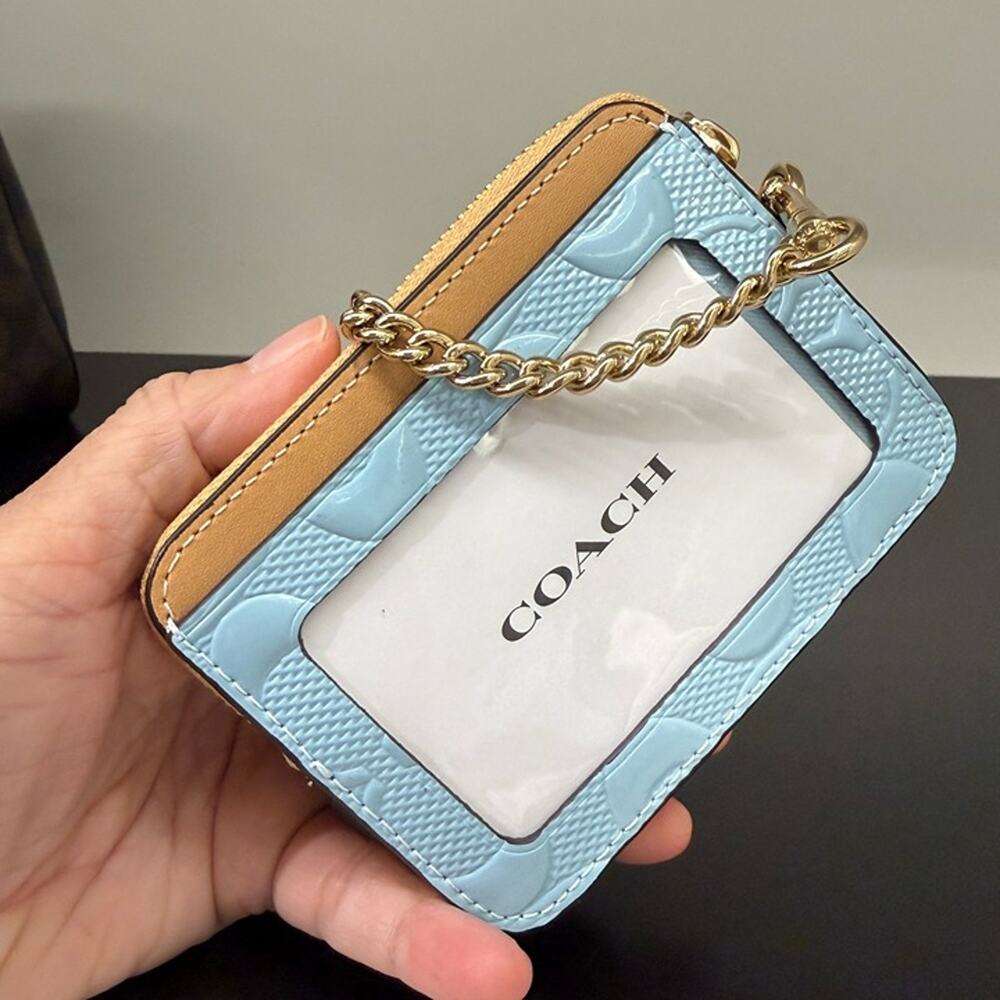 Coach Zip Card Case In Signature Leather With Charm CFA36 Gold/Light Blue - Picture 3 of 7